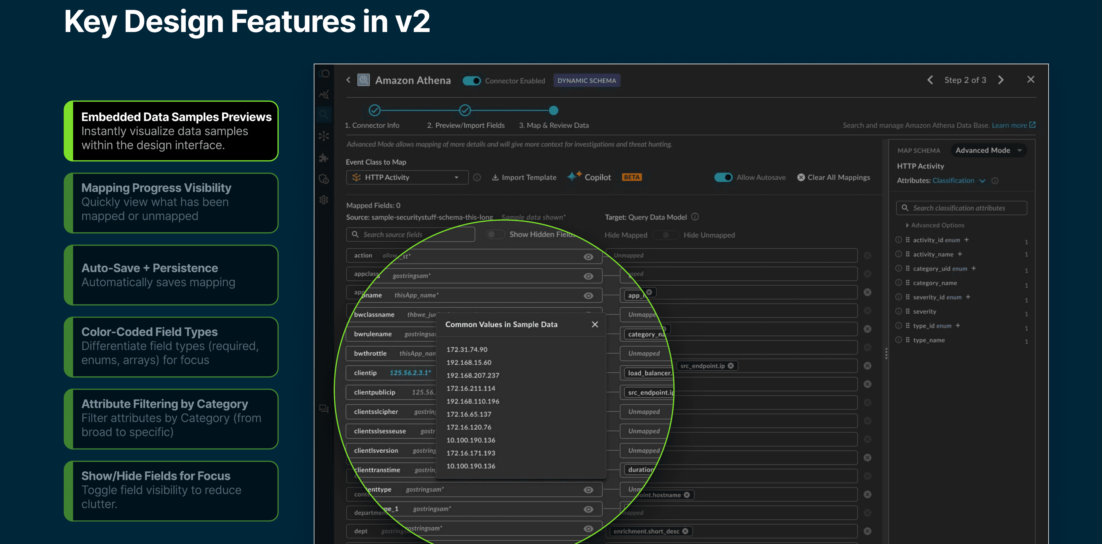 Key design features in v2 including filtering, progress visibility, and auto-save