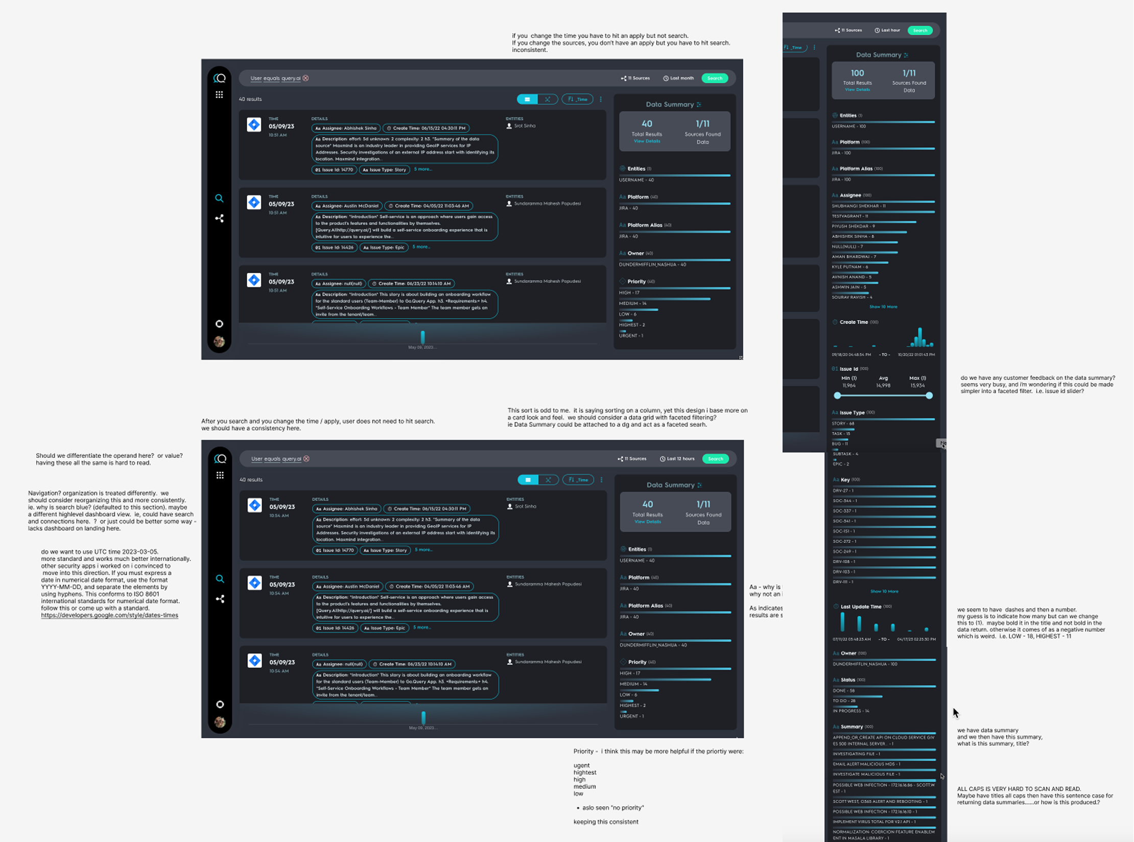 Annotated collage of early Federated Search UI — results cards, filters, and detail views marked up with usability findings