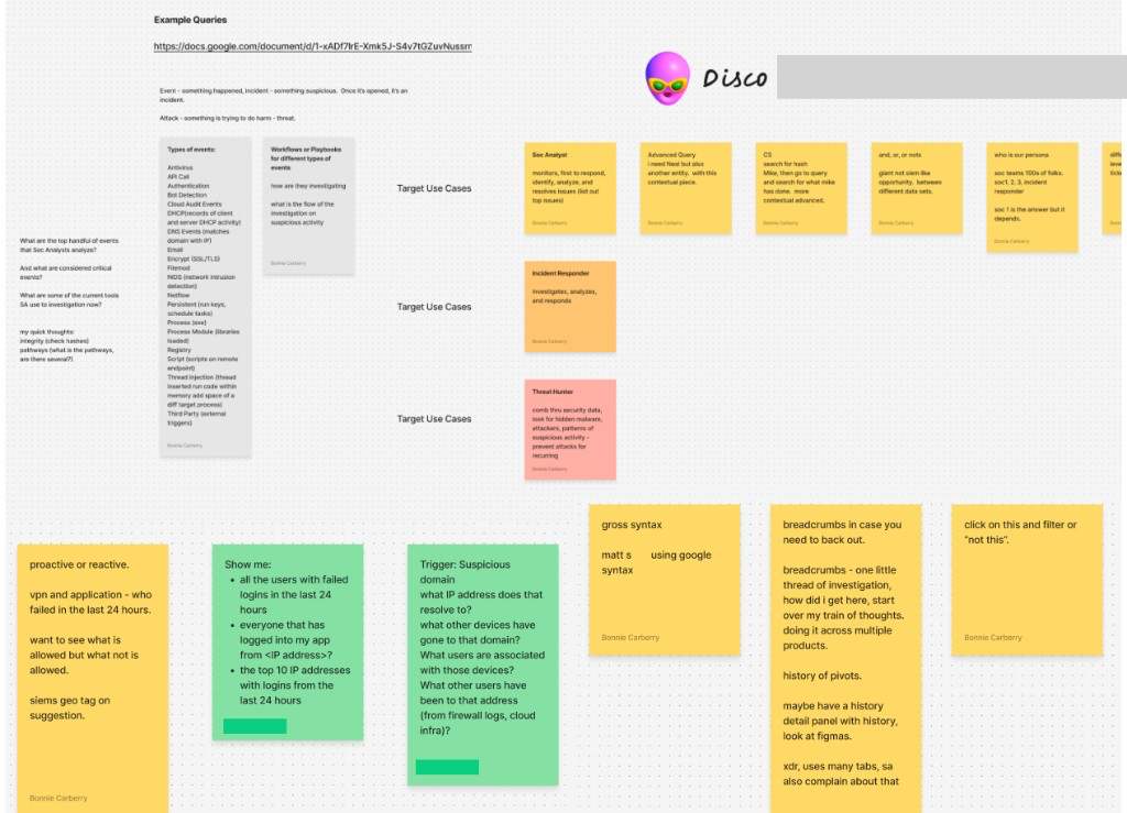 Discovery board mapping SOC Analyst, Incident Responder, and Threat Hunter personas to search types, event types, and investigation workflows
